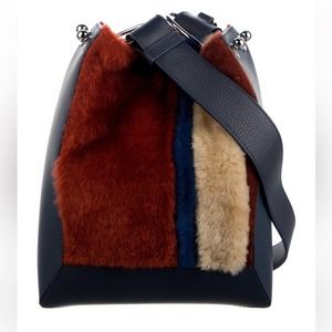 Strathberry LANA Midi BUCKET BAG in Navy Red Green and Natural Shearling